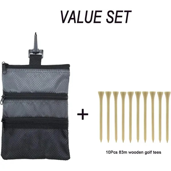 Zippered Golf Valuables Pouch 3 Pocket Tee Ball Bag