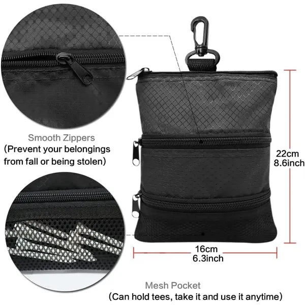 Zippered Golf Valuables Pouch 3 Pocket Tee Ball Bag