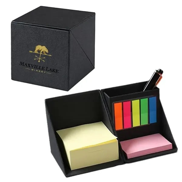 Foldable Memo Pad Box Sticky Notes Cube Set with Pen Holder