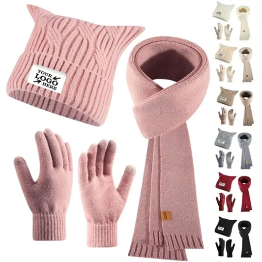 3 In 1 Winter Warm Beanie Hat Scarf Touchscreen Gloves Set