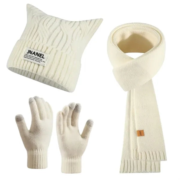 3 In 1 Winter Warm Beanie Hat Scarf Touchscreen Gloves Set