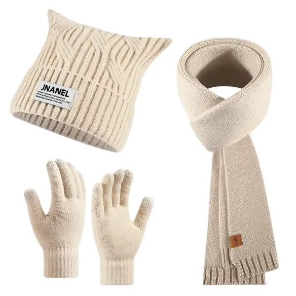3 In 1 Winter Warm Beanie Hat Scarf Touchscreen Gloves Set