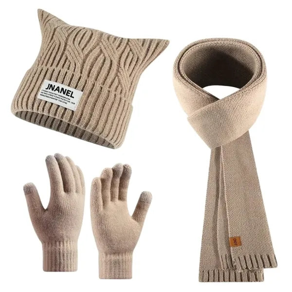 3 In 1 Winter Warm Beanie Hat Scarf Touchscreen Gloves Set