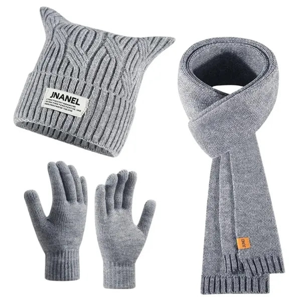 3 In 1 Winter Warm Beanie Hat Scarf Touchscreen Gloves Set