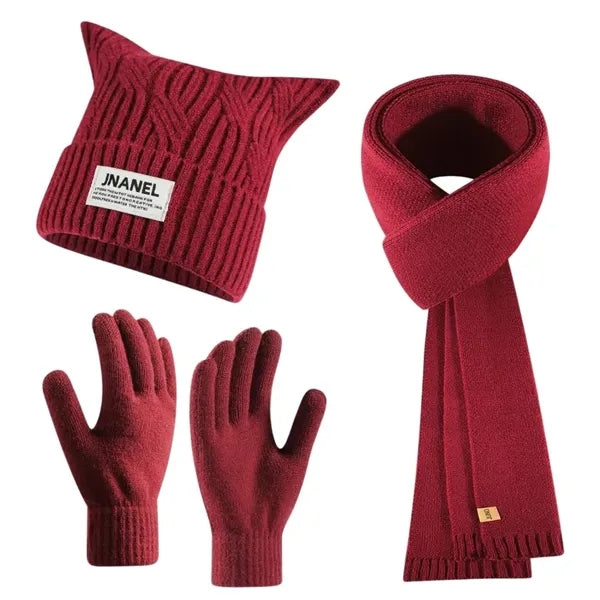 3 In 1 Winter Warm Beanie Hat Scarf Touchscreen Gloves Set