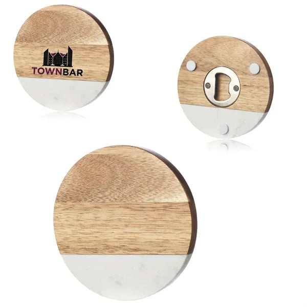 Round Marble and Wood Coaster with Bottle Opener