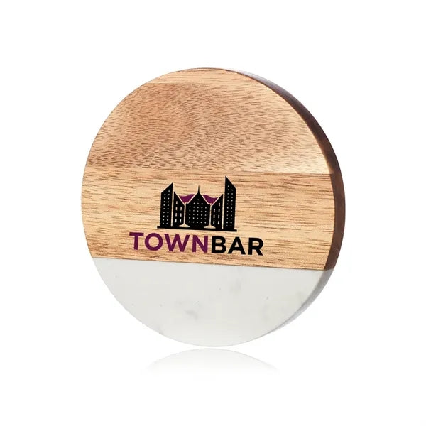 Round Marble and Wood Coaster with Bottle Opener