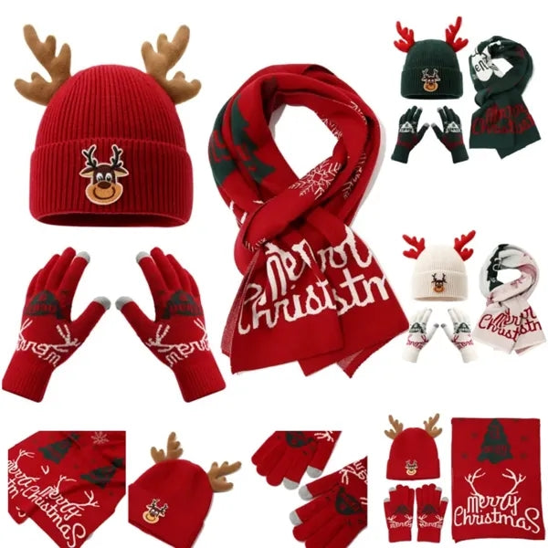 3 In 1 Winter Warm Beanie Hat Scarf Touchscreen Gloves Set