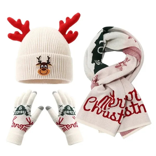 3 In 1 Winter Warm Beanie Hat Scarf Touchscreen Gloves Set