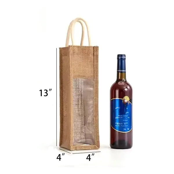 Jute Transparent Single-Bottle Wine Tote Bag