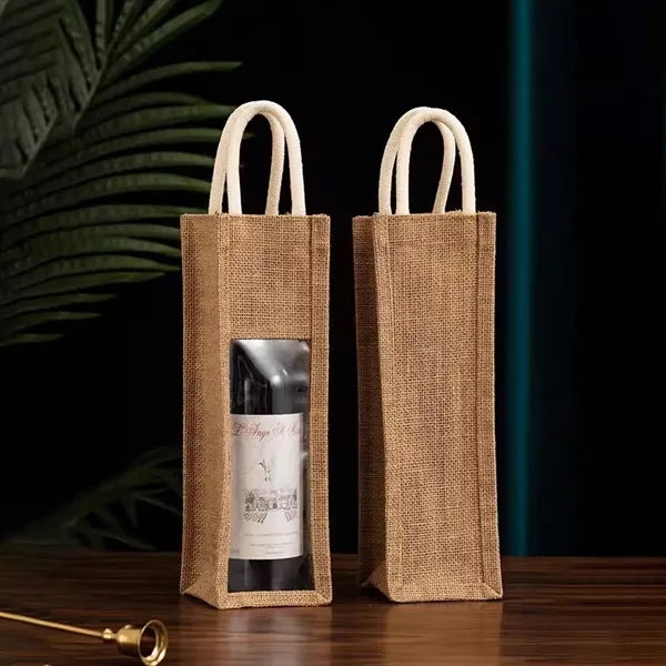 Jute Transparent Single-Bottle Wine Tote Bag