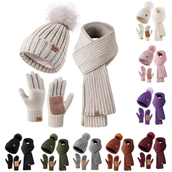 3 In 1 Winter Warm Beanie Hat Scarf Touchscreen Gloves Set