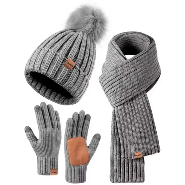 3 In 1 Winter Warm Beanie Hat Scarf Touchscreen Gloves Set