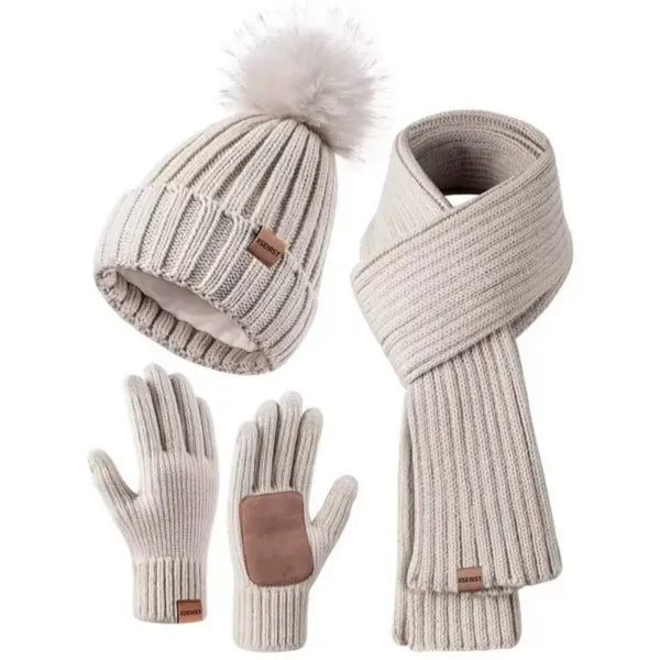 3 In 1 Winter Warm Beanie Hat Scarf Touchscreen Gloves Set