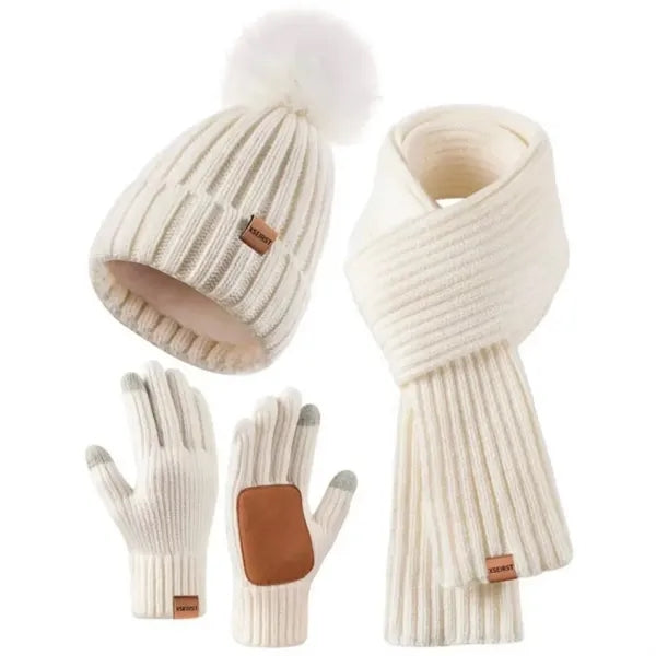 3 In 1 Winter Warm Beanie Hat Scarf Touchscreen Gloves Set