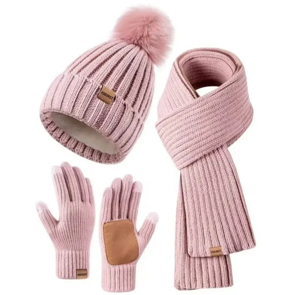 3 In 1 Winter Warm Beanie Hat Scarf Touchscreen Gloves Set