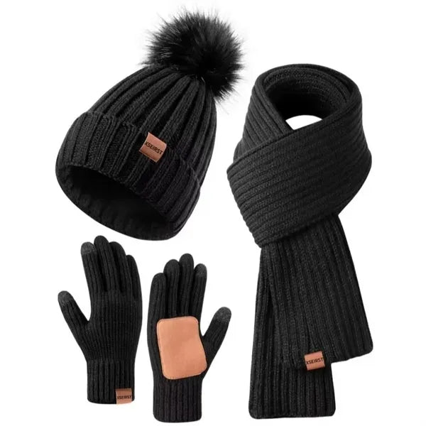 3 In 1 Winter Warm Beanie Hat Scarf Touchscreen Gloves Set