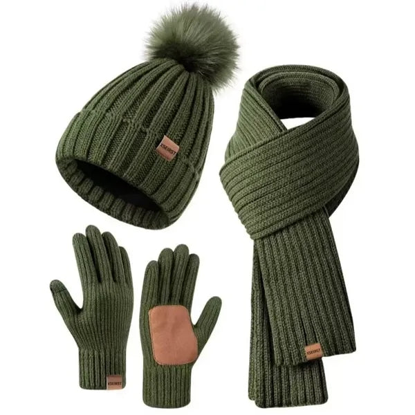 3 In 1 Winter Warm Beanie Hat Scarf Touchscreen Gloves Set