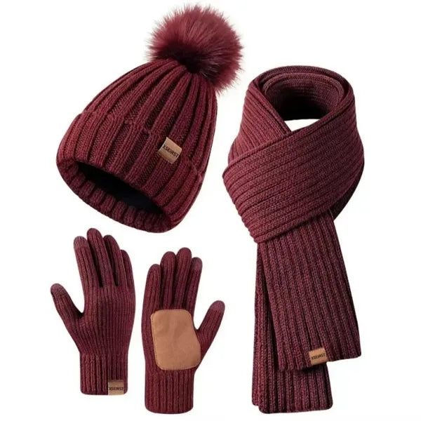 3 In 1 Winter Warm Beanie Hat Scarf Touchscreen Gloves Set