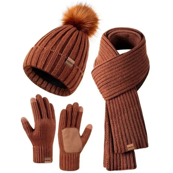3 In 1 Winter Warm Beanie Hat Scarf Touchscreen Gloves Set