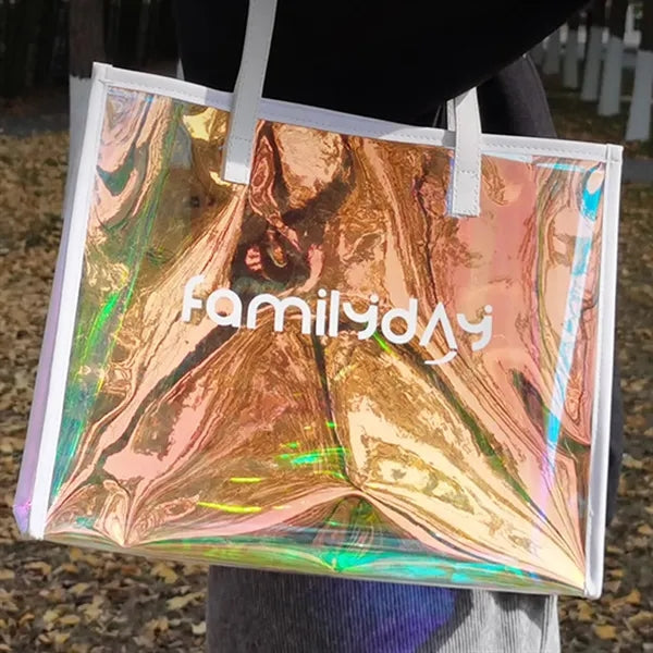 Large Holographic Clear Tote Bag with Leather Handle