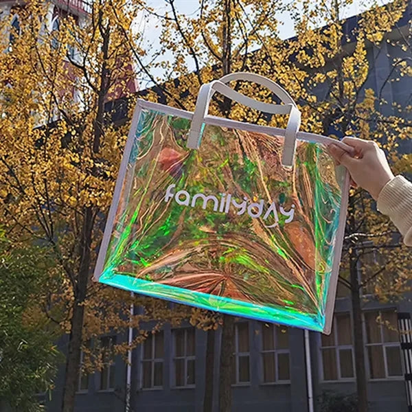 Large Holographic Clear Tote Bag with Leather Handle