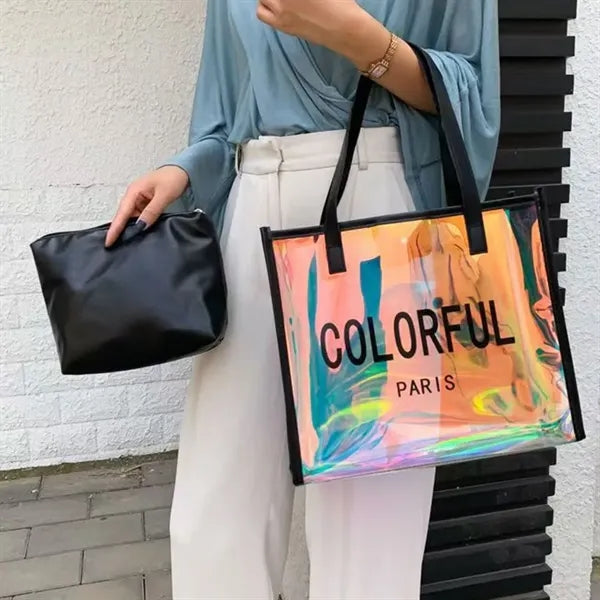 Large Holographic Clear Tote Bag with Leather Handle