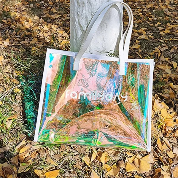 Large Holographic Clear Tote Bag with Leather Handle