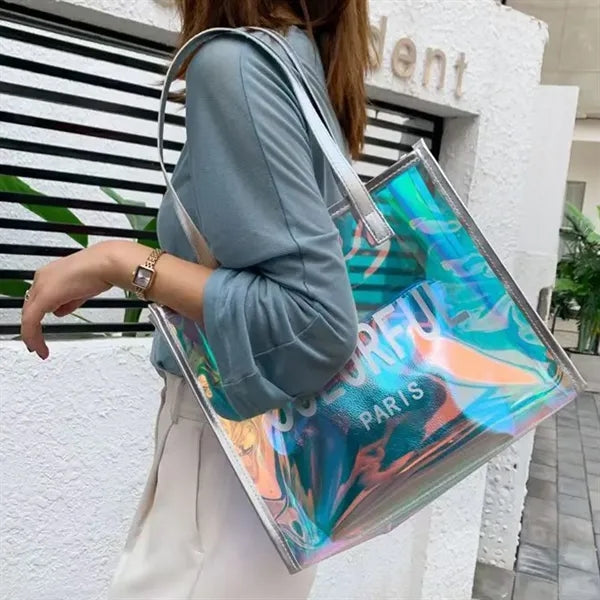 Large Holographic Clear Tote Bag with Leather Handle