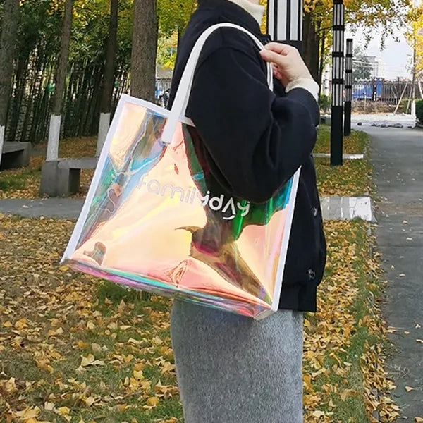Large Holographic Clear Tote Bag with Leather Handle