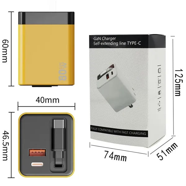 USB C Charger Block With Built-in Retractable Cable