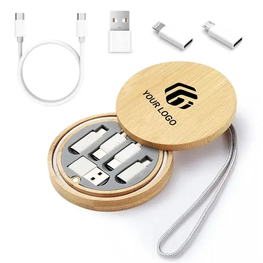 Portable travel 6-in-1 multi USB cable kit with bamboo case