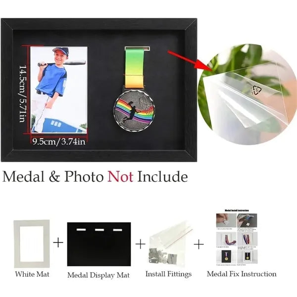 Medal Display Shadow Box - 3 Medal Display Case (Black, A4)