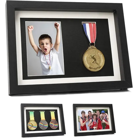 Medal Display Shadow Box - 3 Medal Display Case (Black, A4)