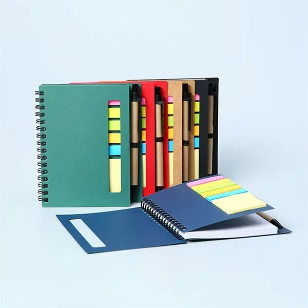 Coil Notebook With Multicolor Sticky Note Pen Holder