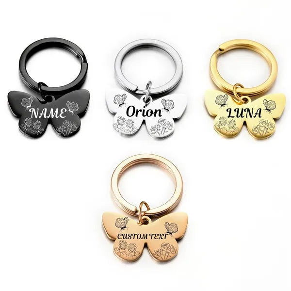 Butterfly Tag Stainless Steel Keychain