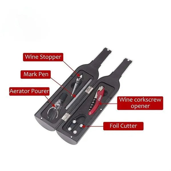 5 Piece Wine Tool Set In Bottle Shape Black Case