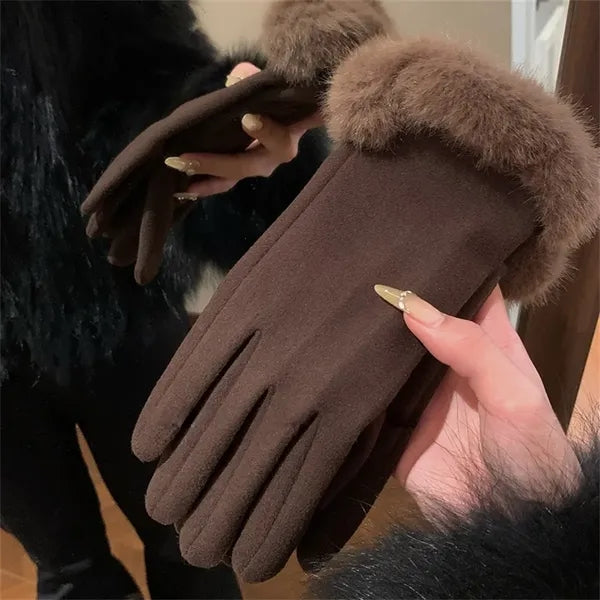 Winter Warm Gloves Faux Fur Cuff Touchscreen Compatible