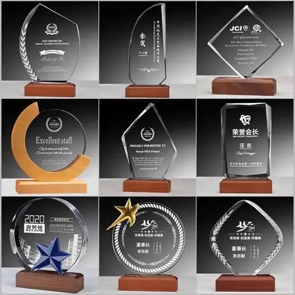 Crystal Glass Award Tropy with Wood Base