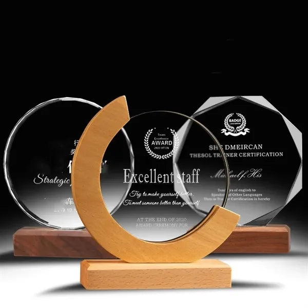 Crystal Glass Award Tropy with Wood Base