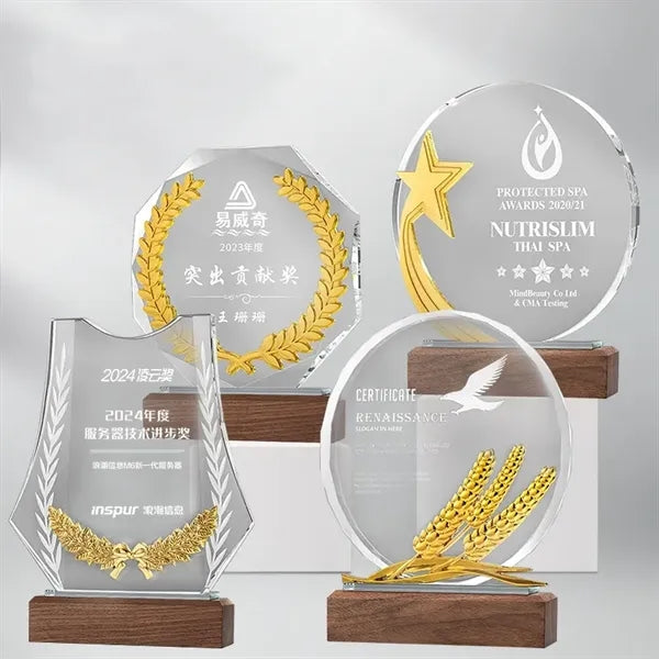 Crystal Glass Award Tropy with Wood Base