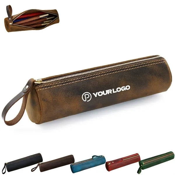 Vintage leather zipper storage pouch pencil case for travel