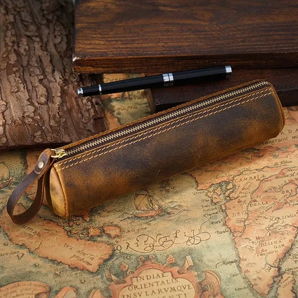 Vintage leather zipper storage pouch pencil case for travel