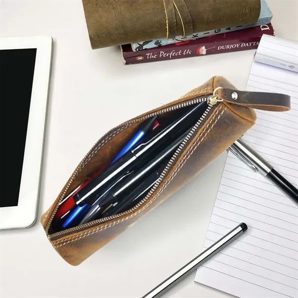 Vintage leather zipper storage pouch pencil case for travel
