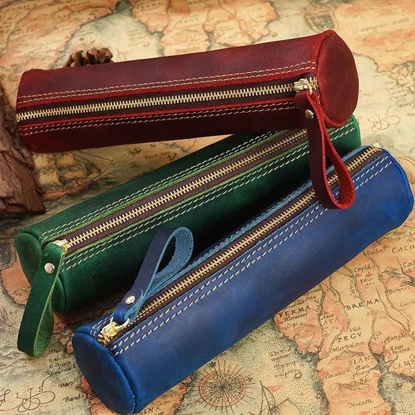 Vintage leather zipper storage pouch pencil case for travel
