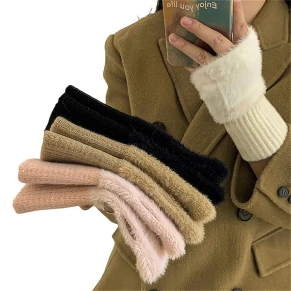 Women Faux Fur Fingerless Gloves Winter Warm Stylish