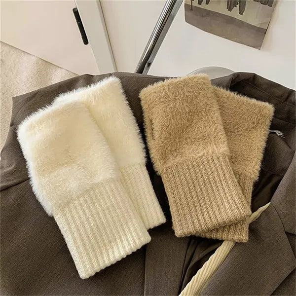 Women Faux Fur Fingerless Gloves Winter Warm Stylish