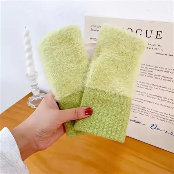 Women Faux Fur Fingerless Gloves Winter Warm Stylish