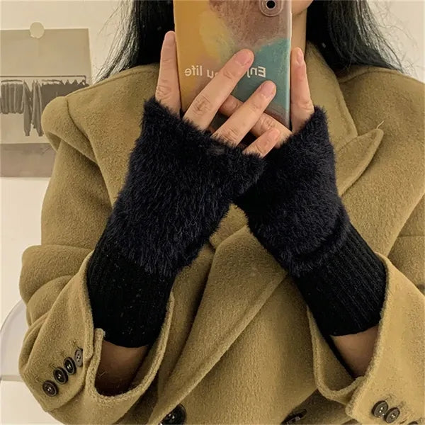 Women Faux Fur Fingerless Gloves Winter Warm Stylish