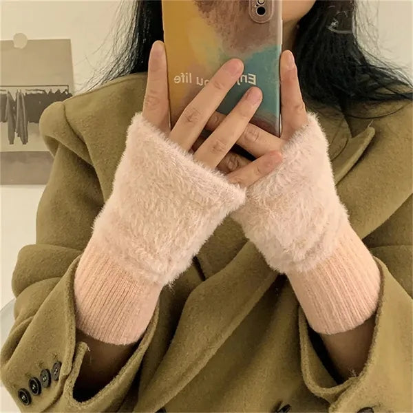 Women Faux Fur Fingerless Gloves Winter Warm Stylish